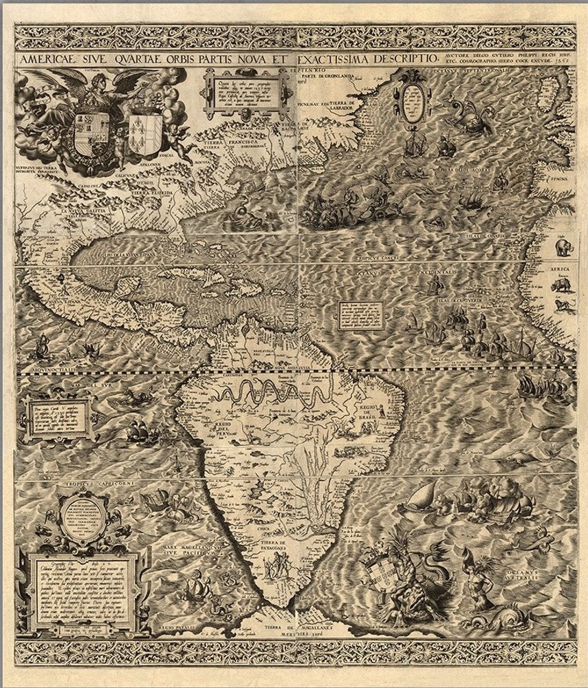 Vintage 1562 Map Of Early Americas Unframed Print Wall Art