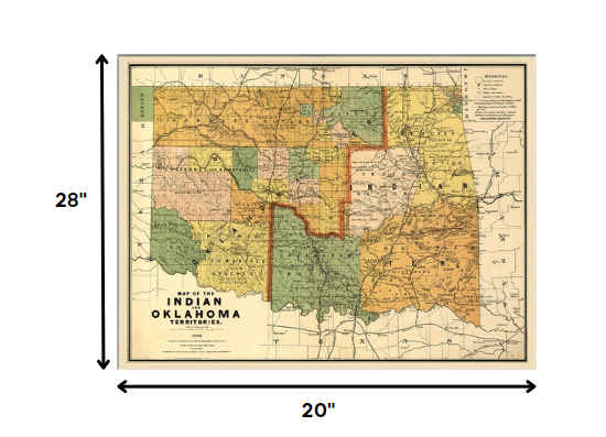 24" X 32" Map Of Indian And Oklahoma Territories Vintage Poster Wall Art