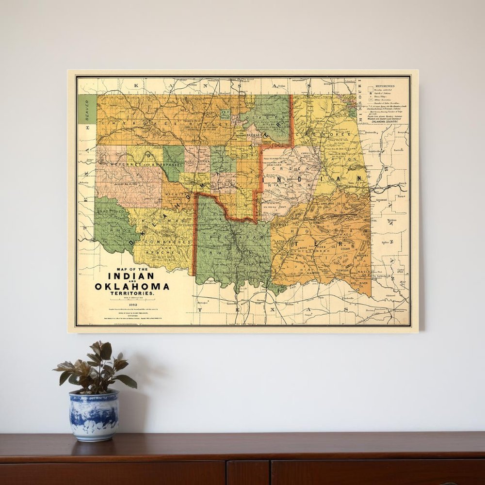 24" X 32" Map Of Indian And Oklahoma Territories Vintage Poster Wall Art