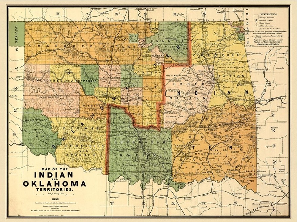 24" X 32" Map Of Indian And Oklahoma Territories Vintage Poster Wall Art