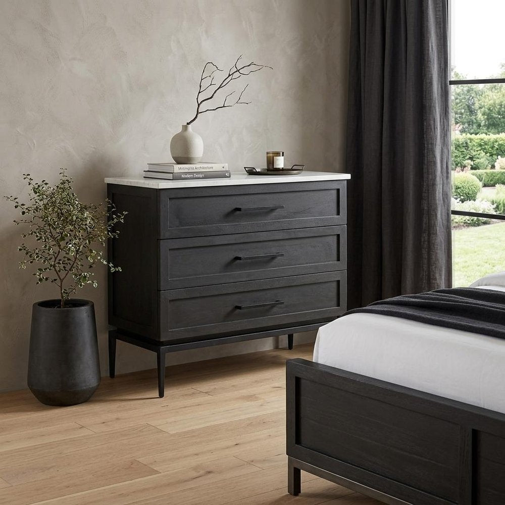 36" Black And White Solid Wood And Marble Three Drawer Dresser