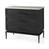 36" Black And White Solid Wood And Marble Three Drawer Dresser