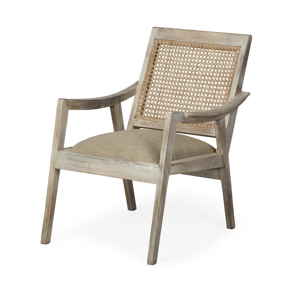 28" Cream and Natural Fabric Distressed Arm Chair