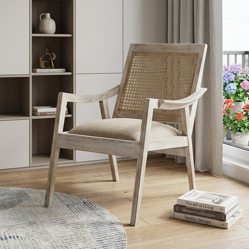 28" Cream and Natural Fabric Distressed Arm Chair