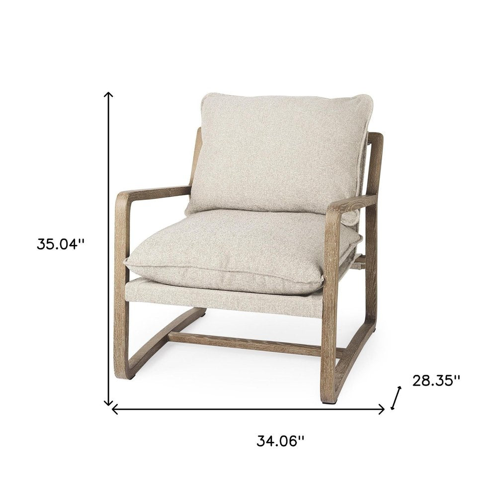 34" Beige And Wood Brown Fabric Lounge Chair