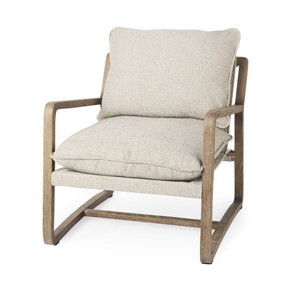 34" Beige And Wood Brown Fabric Lounge Chair