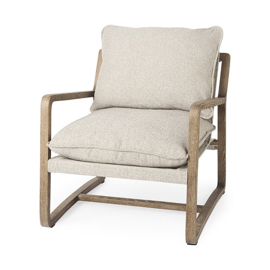 34" Beige And Wood Brown Fabric Lounge Chair