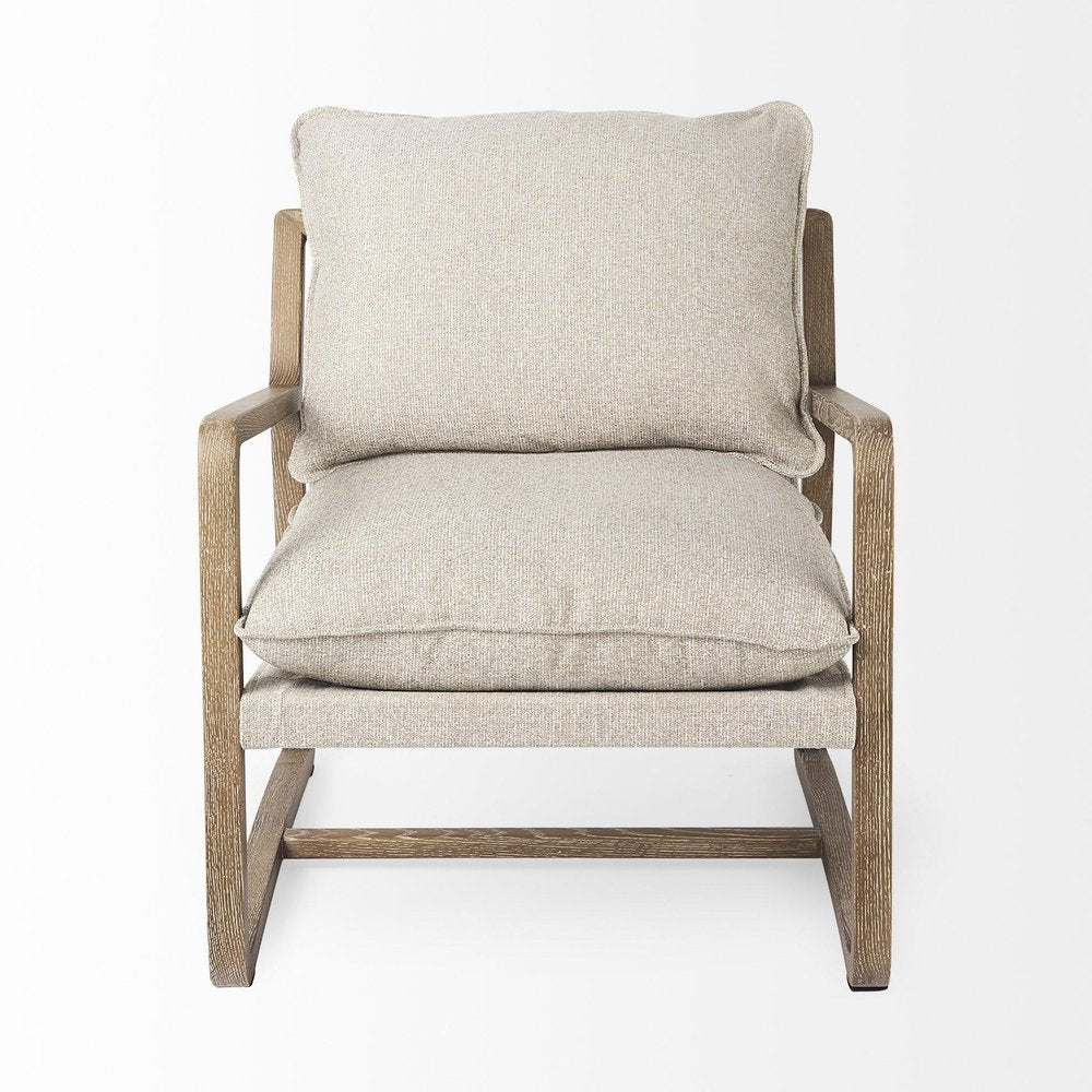 34" Beige And Wood Brown Fabric Lounge Chair