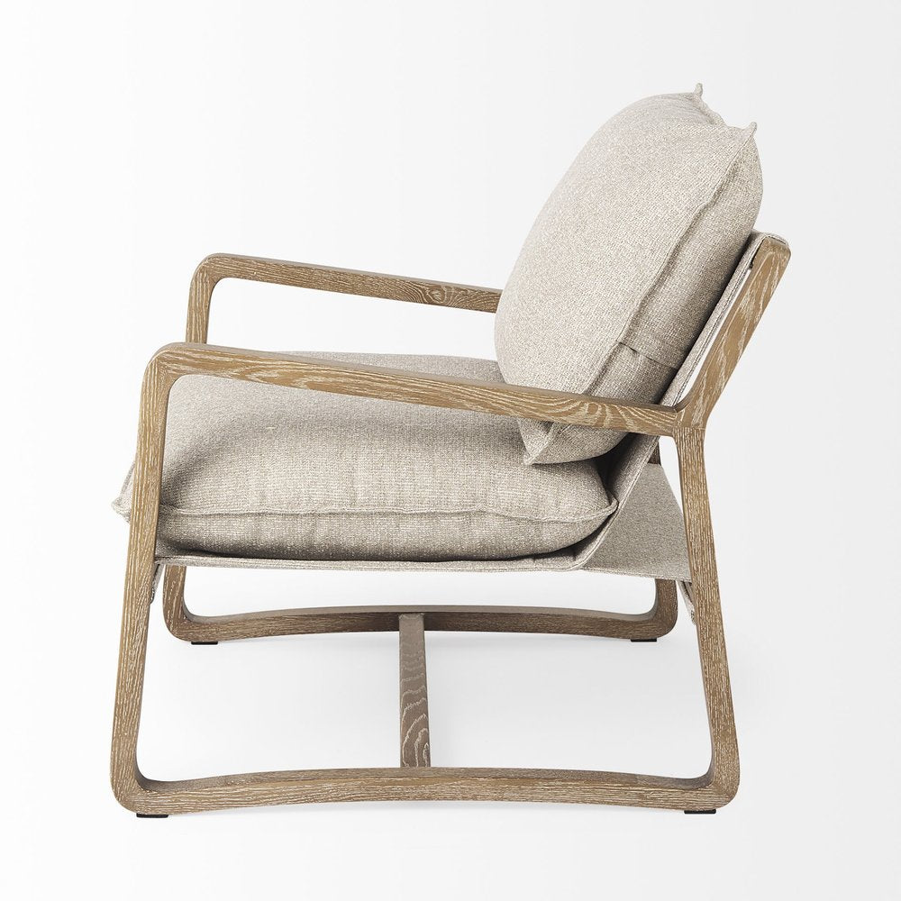 34" Beige And Wood Brown Fabric Lounge Chair