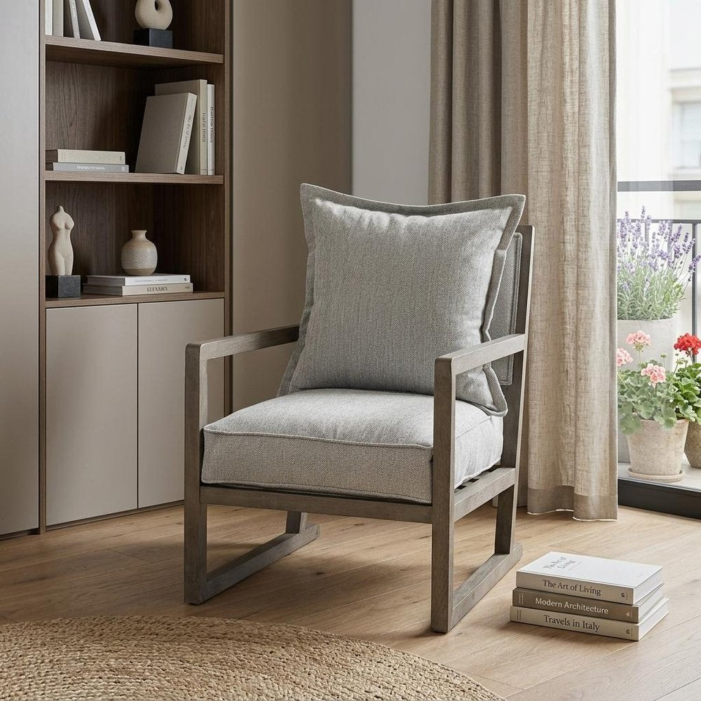 32" Ash Gray and Brown Fabric Arm Chair