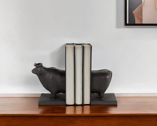 Set of Two 7" Black Fabric Bull Decorative Bookends
