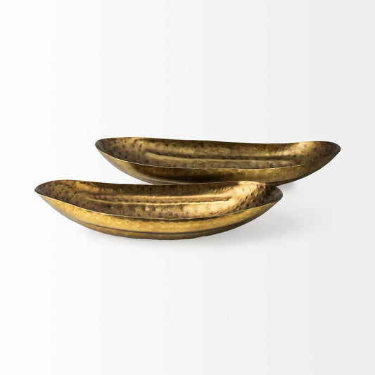Set of Two Gold Hammered Metal Boat Shaped Decorative Bowls