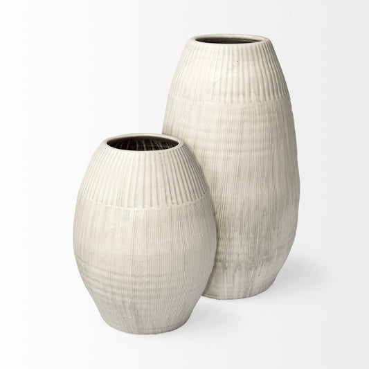 21" White Striped Ceramic Cylinder Floor Vase