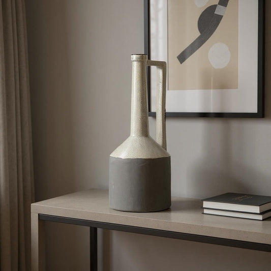 16" Gray and Off White Ceramic Tall Jug Vase