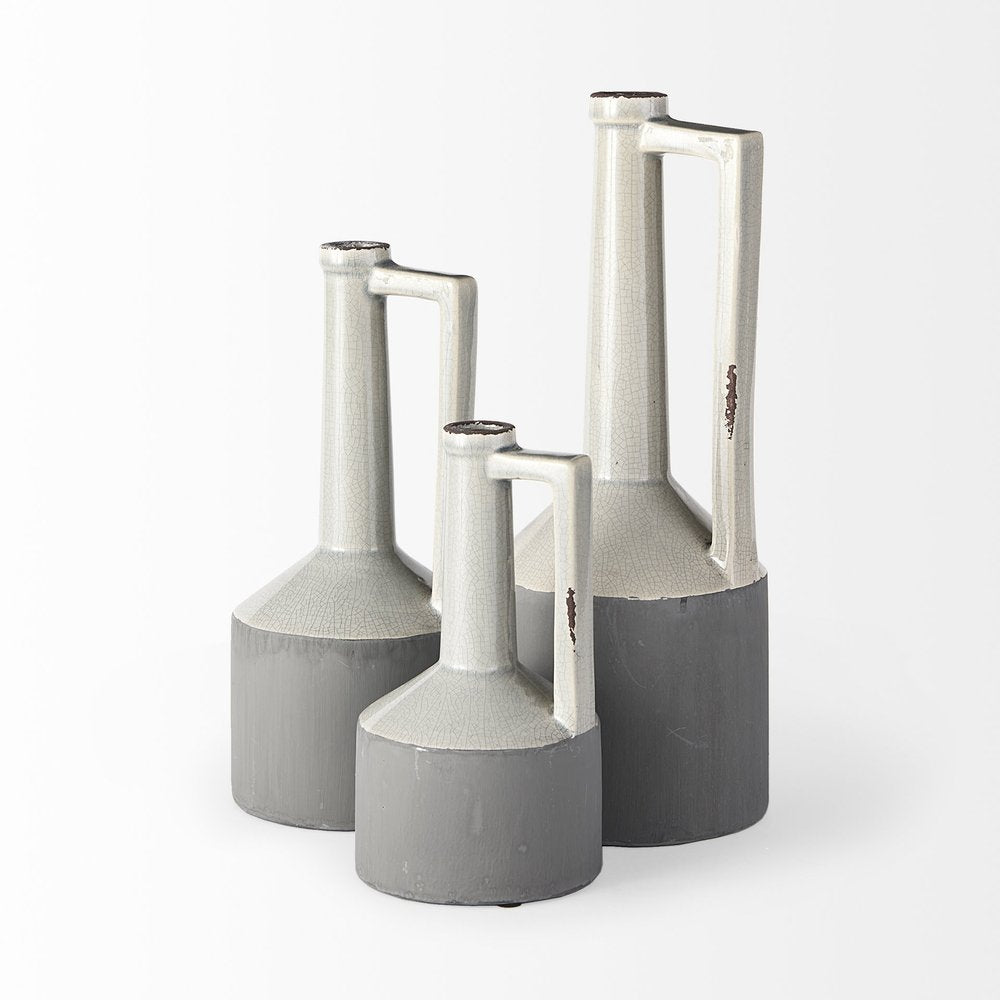 13" Gray And White Cylinder Ceramic Urns Jars