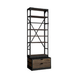 Black Iron and Solid Wood Five Tier Bookcase with Two Drawers