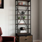 Black Iron and Solid Wood Five Tier Bookcase with Two Drawers