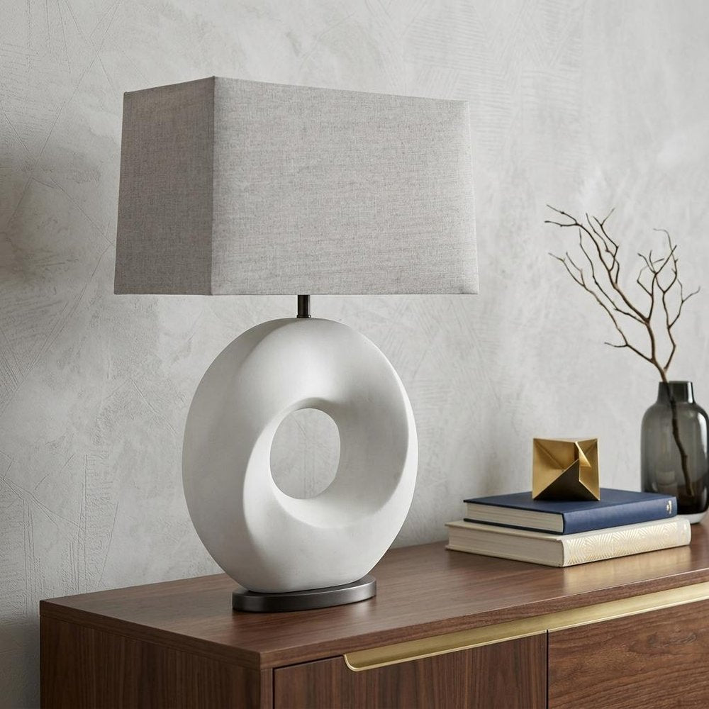 27" White Geometric Table Lamp With Gray Shade