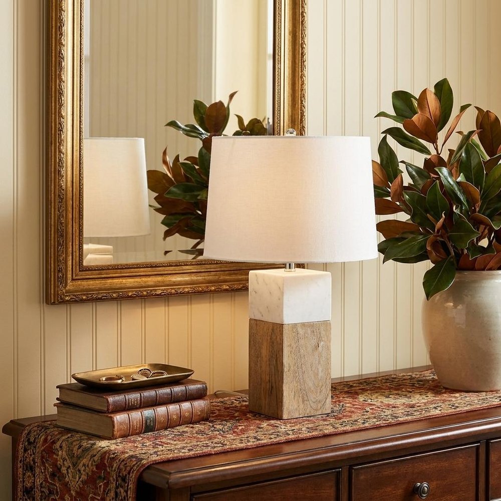 White Marble And Natural Wood Block Table Or Desk Lamp