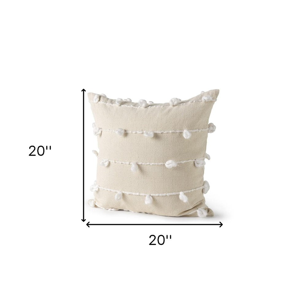 20" Cream And White Striped Canvas Throw Pillow Cover with Embroidery And Pompoms