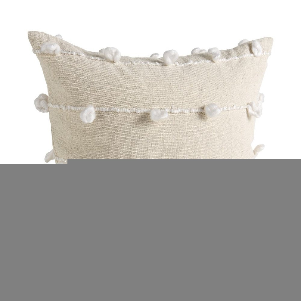 20" Cream And White Striped Canvas Throw Pillow Cover with Embroidery And Pompoms