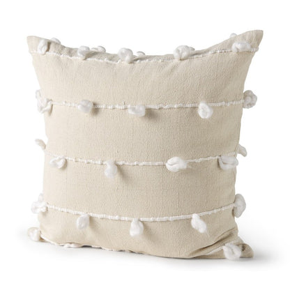 20" Cream And White Striped Canvas Throw Pillow Cover with Embroidery And Pompoms