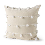 20" Cream And White Striped Canvas Throw Pillow Cover with Embroidery And Pompoms