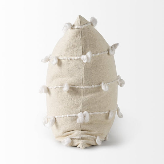 20" Cream And White Striped Canvas Throw Pillow Cover with Embroidery And Pompoms