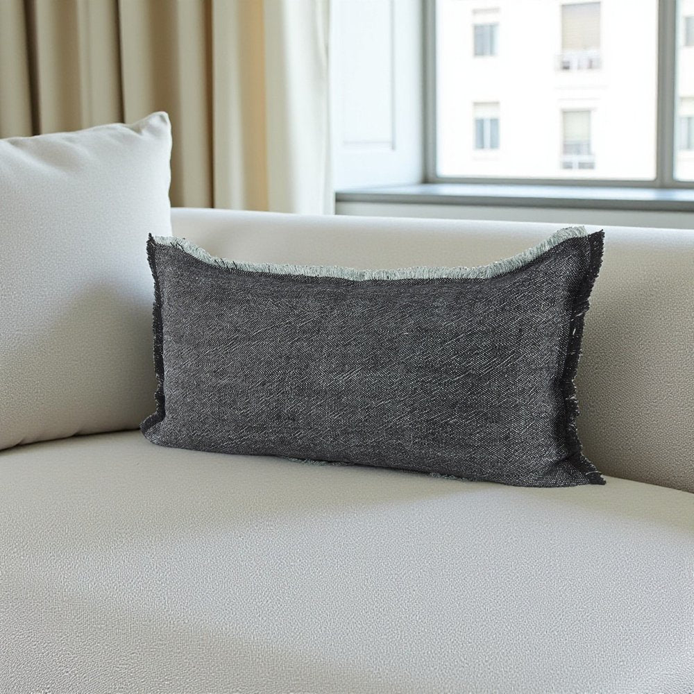 14" X 26" Black And Aqua Linen Throw Pillow Cover