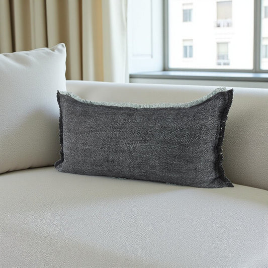 14" X 26" Black And Aqua Linen Throw Pillow Cover