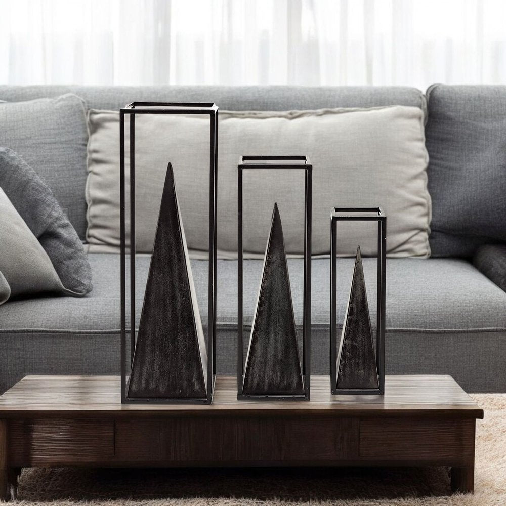 Black Metal Framed Pyramid Sculpture