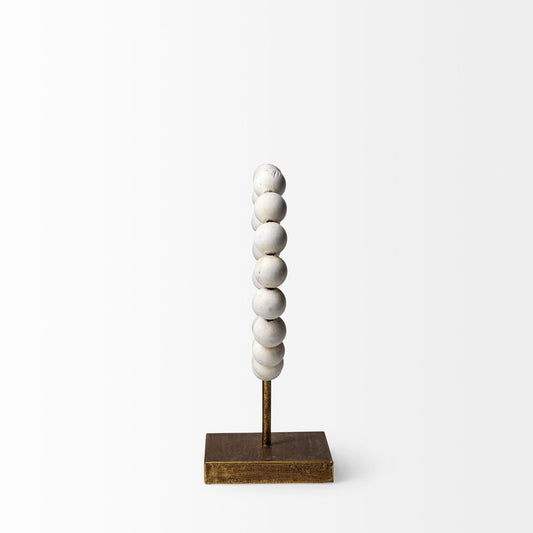 12" White and Gold Wood and Metal Abstract Beaded Tabletop Sculpture