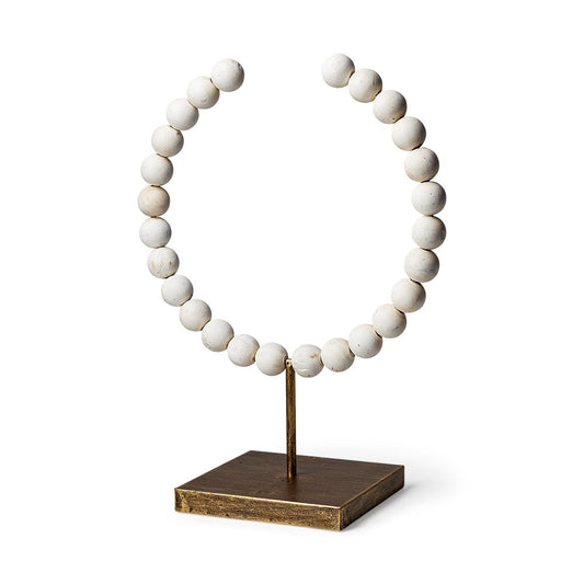 16" White and Gold Wood and Metal Abstract Beaded Tabletop Sculpture