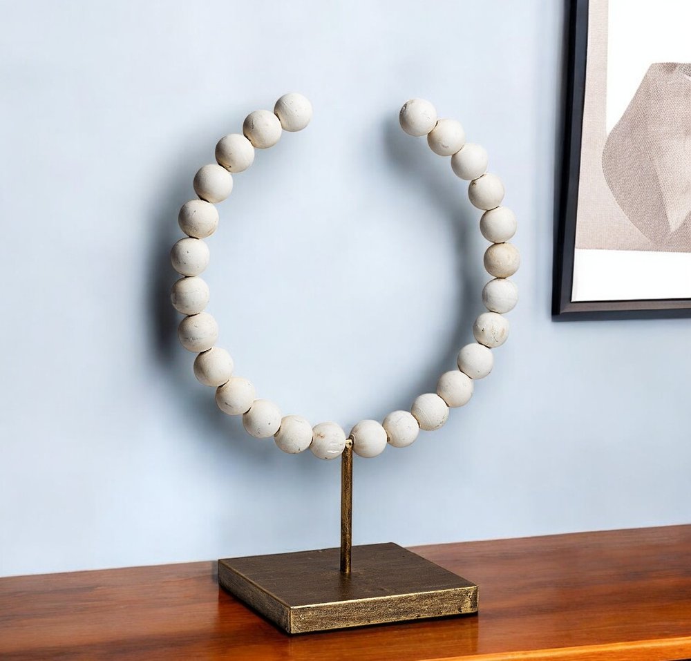 16" White and Gold Wood and Metal Modern Abstract Tabletop Sculpture