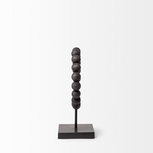 12" Black Wood and Metal Abstract Beaded Tabletop Sculpture