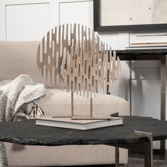 17" Antiqued Gold Round Disc Metal Tabletop Sculpture