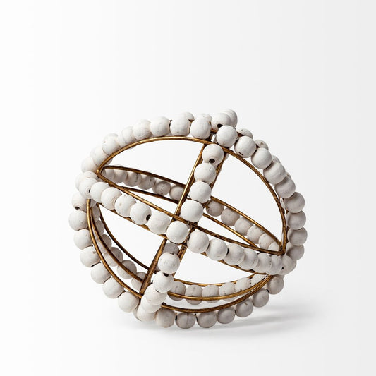 9" White And Gold Wooden Bead And Metal Orb Sculpture