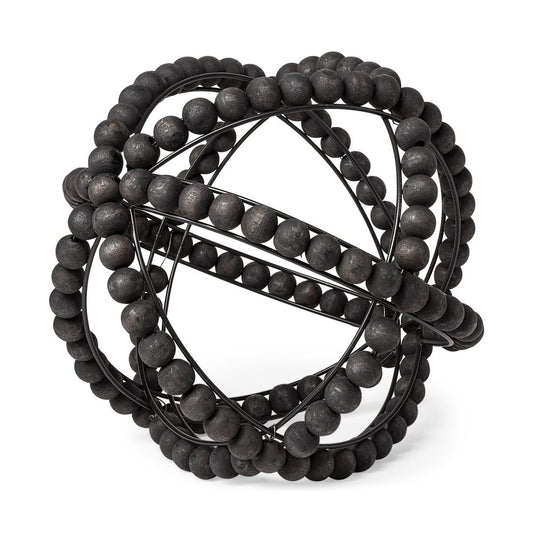 12" Black Wood Bead And Metal Decorative Orb Sculpture