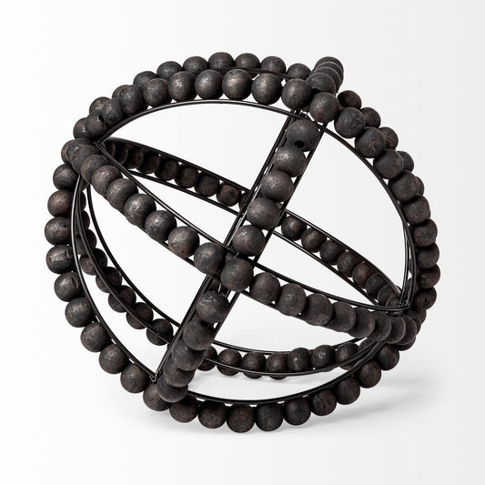 12" Black Wood Bead And Metal Decorative Orb Sculpture