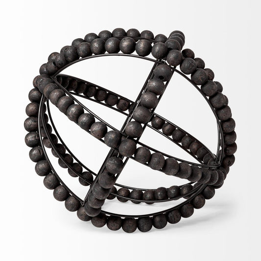 12" Black Wood Bead And Metal Decorative Orb Sculpture