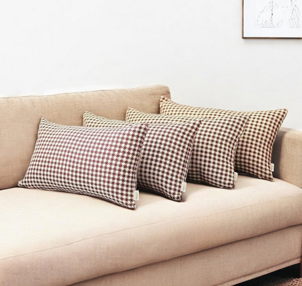 Set Of 4 Red Houndstooth Lumbar Pillow Covers