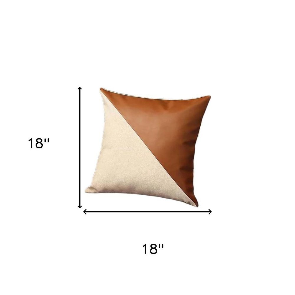 Set of Four 18" Brown And Ivory Faux Leather And Fabric Throw Pillow Covers