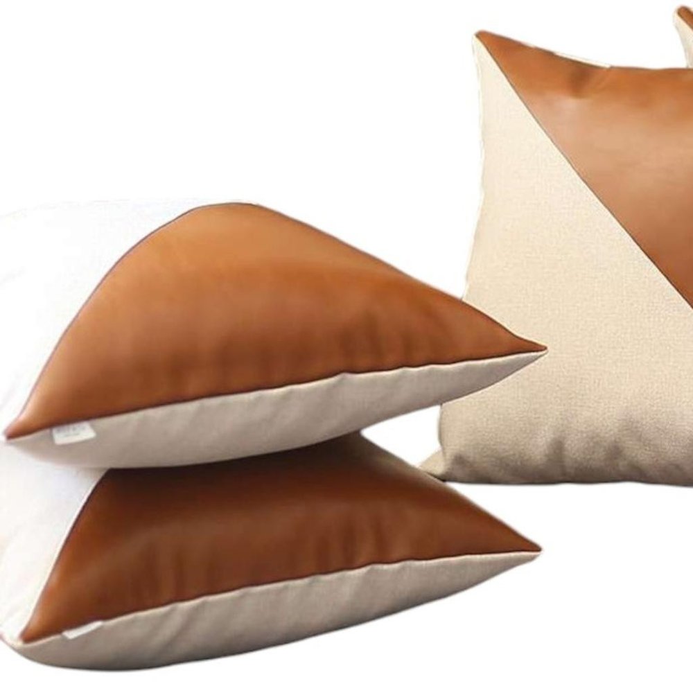 Set of Four 18" Brown And Ivory Faux Leather And Fabric Throw Pillow Covers