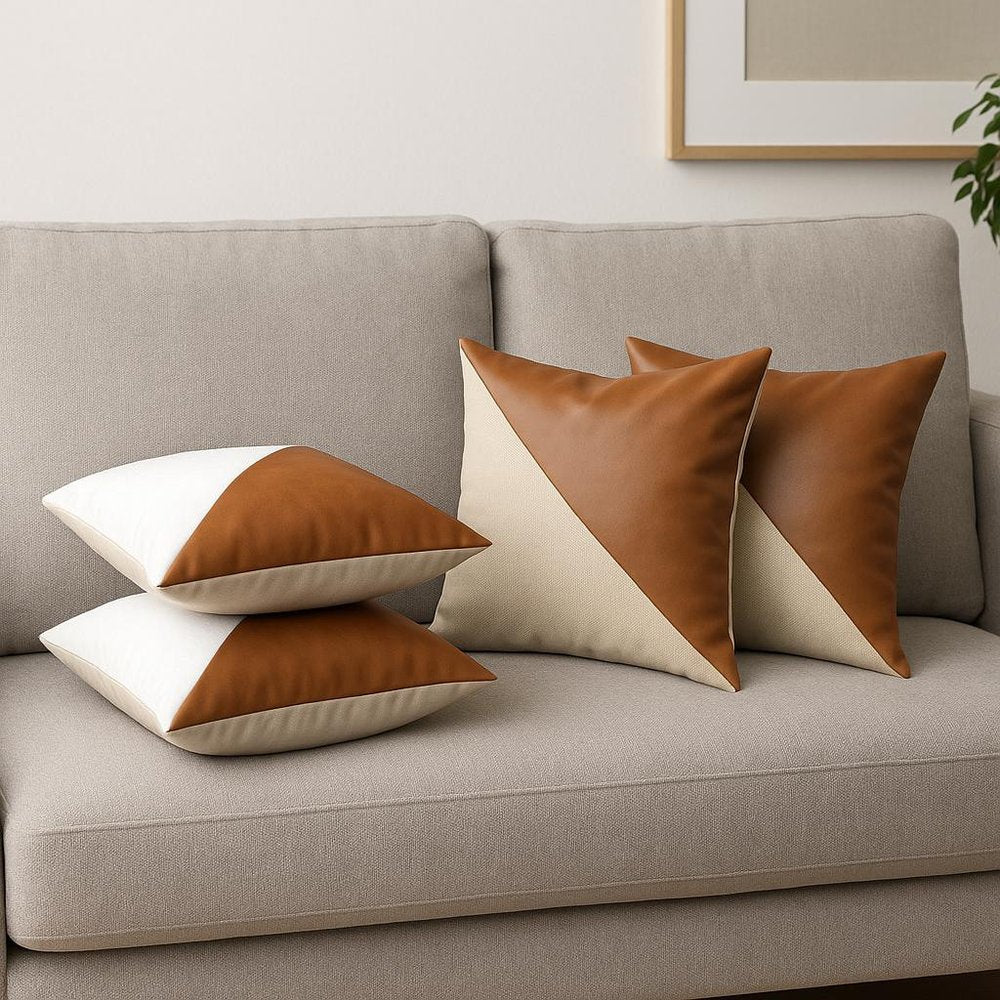 Set of Four 18" Brown And Ivory Faux Leather And Fabric Throw Pillow Covers