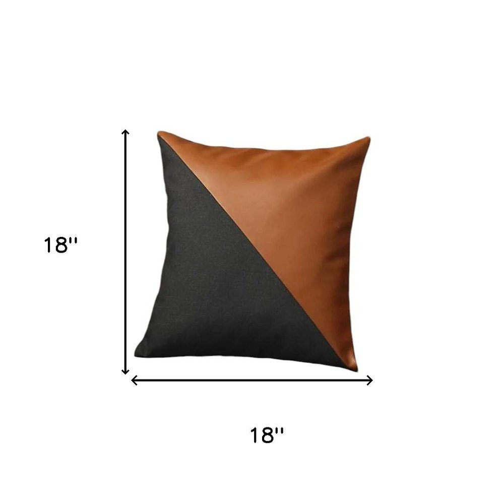 Set of Four 18" Brown And Black Faux Leather And Fabric Throw Pillow Covers