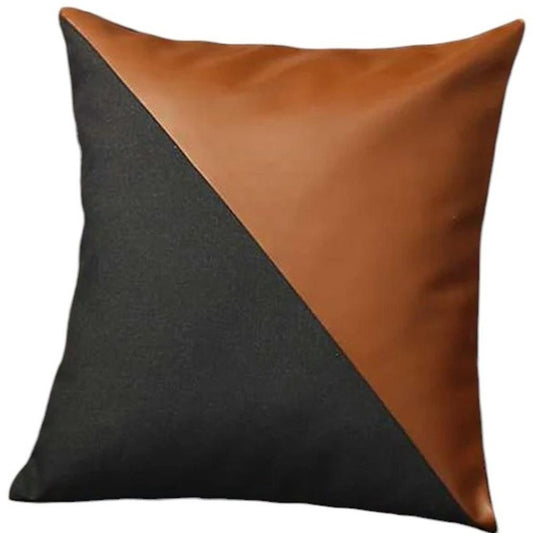 Set of Four 18" Brown And Black Faux Leather And Fabric Throw Pillow Covers