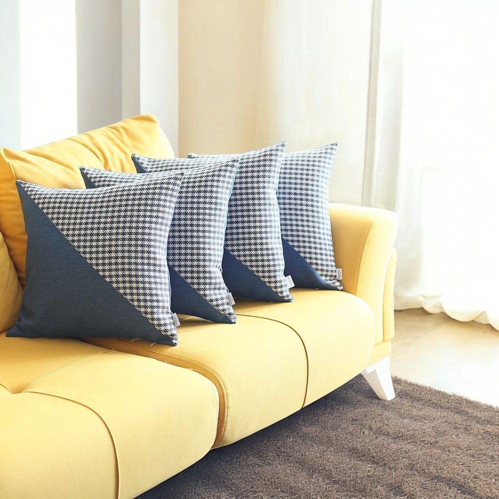 Set Of 4 Blue Houndstooth Pillow Covers