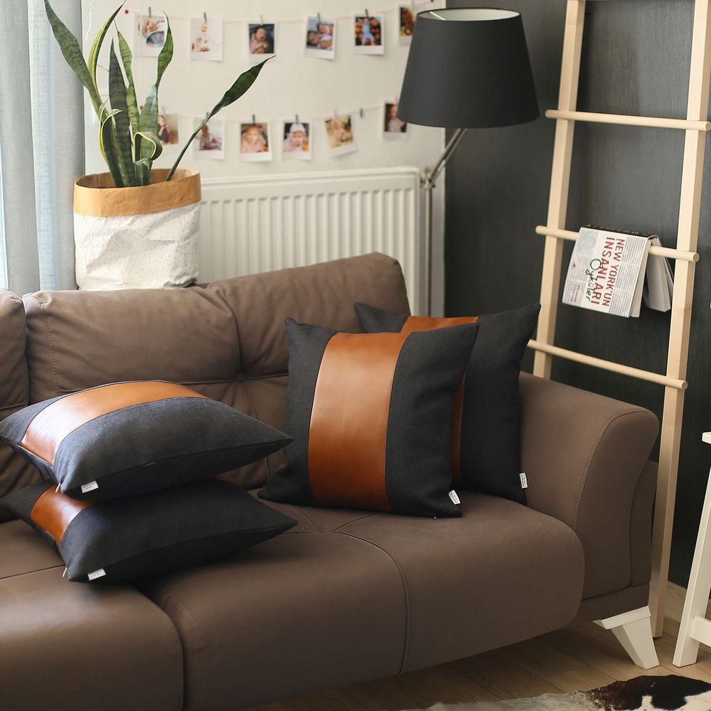 Set of Four 18" Brown And Black Faux Leather And Fabric Throw Pillow Covers