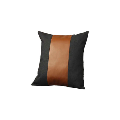 Set of Four 18" Brown And Black Faux Leather And Fabric Throw Pillow Covers