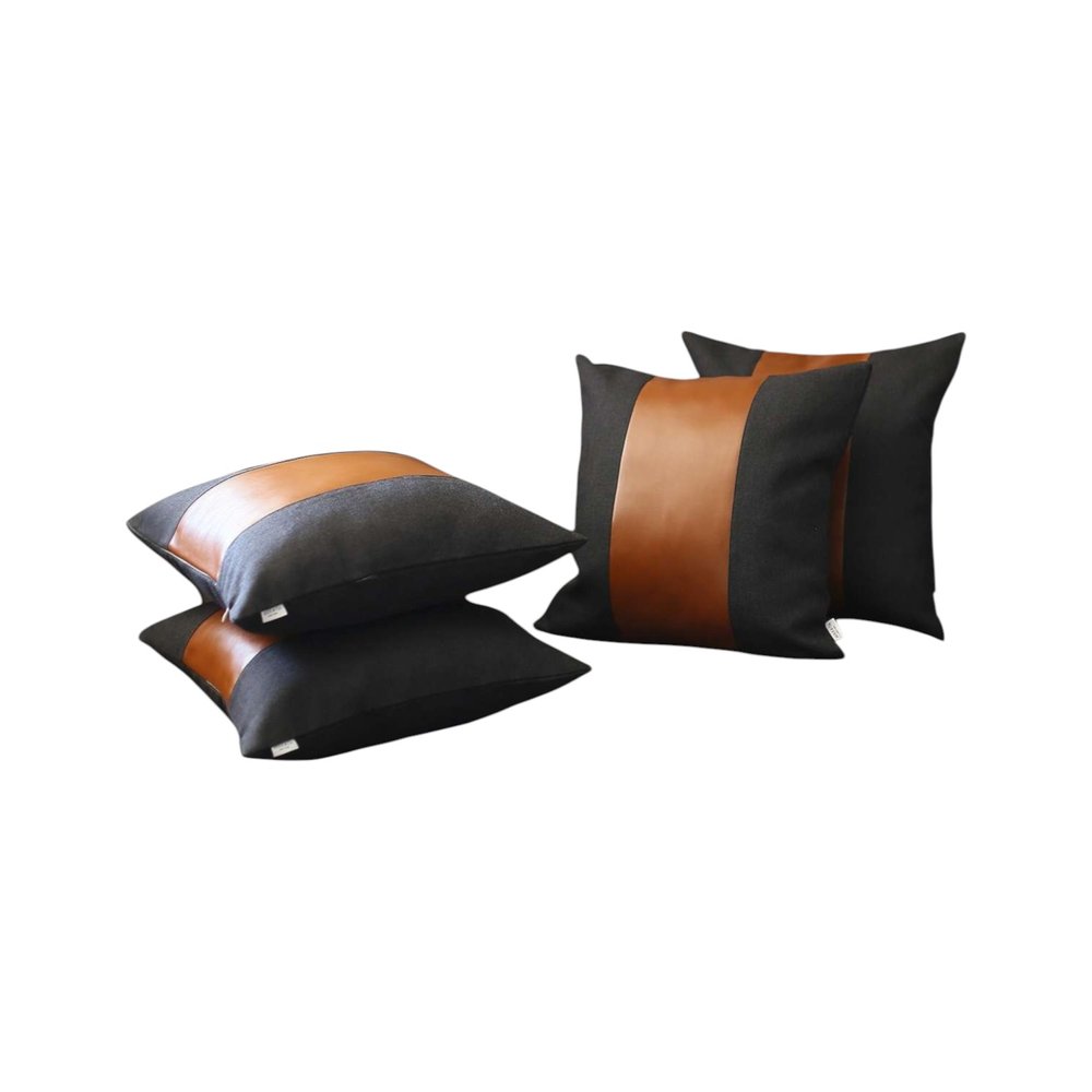 Set of Four 18" Brown And Black Faux Leather And Fabric Throw Pillow Covers